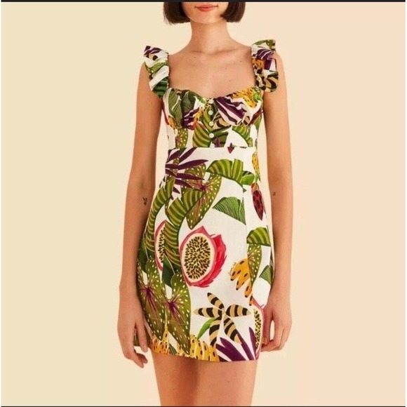 FARM Rio Dresses & Skirts - Farm Rio Linen Mini Dress Forest Stripe Tropical Print Ivory Ruffle Strap Sz XXS